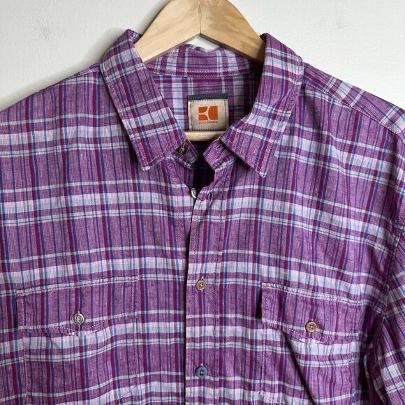 Hugo Boss Orange Linen Blend Plaid Button Up Shirt Purple Mens XL Western Preppy - Picture 2 of 15